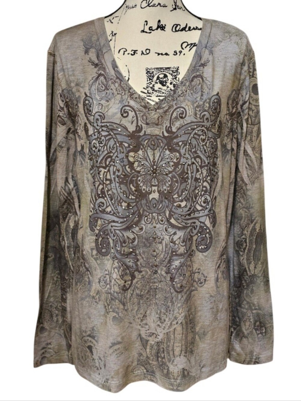 Greensource Embellished V-Neck Long Sleeve Top - Taupe Gray